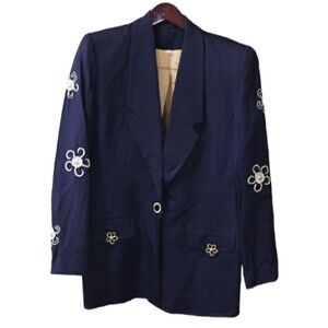 Vintage 80s Black Blazer Gold Floral Embroidery Pearl Accents Statement Jacket M